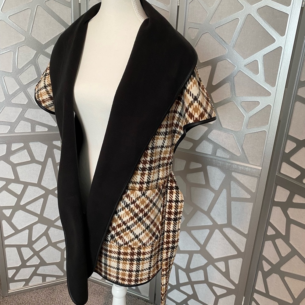 RACHEL Rachel Roy Black Shawl Collar Plaid Vest with Brown & Cream Accents